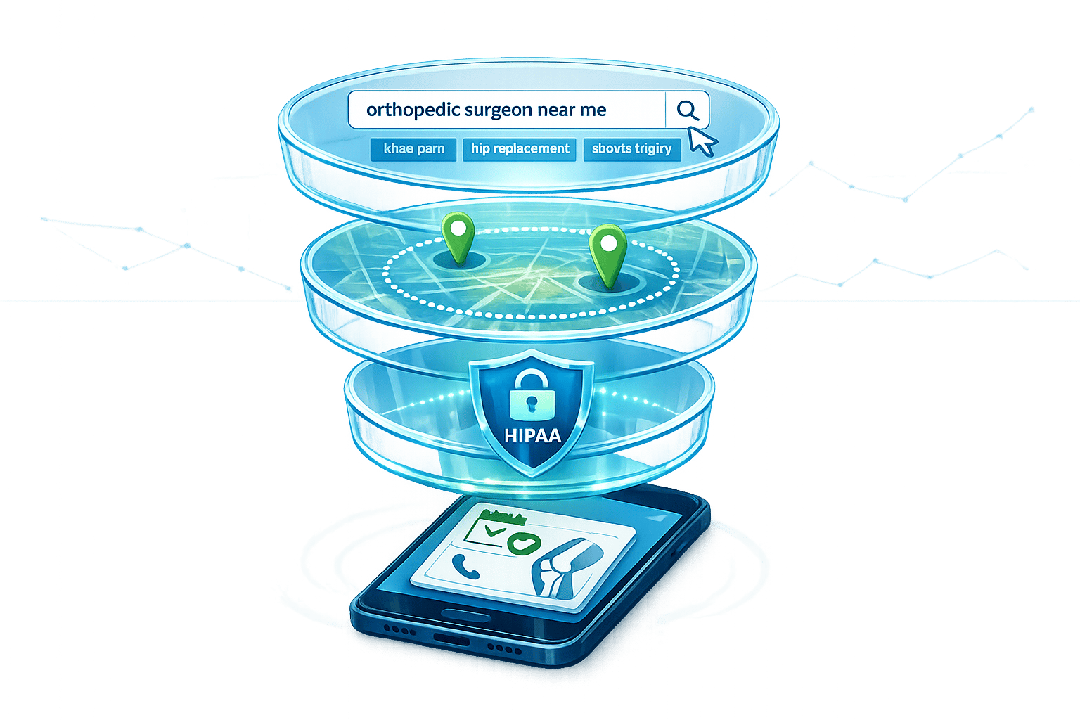 A digital marketing funnel for orthopedic surgeons featuring a HIPAA-protected search and mobile lead generation.