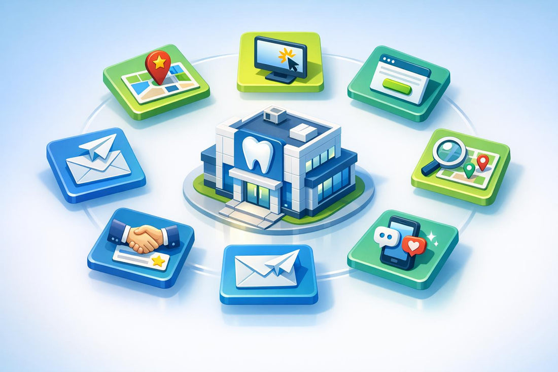 A dental clinic surrounded by icons for dentist marketing strategies like SEO, ads, and email to get more patients.