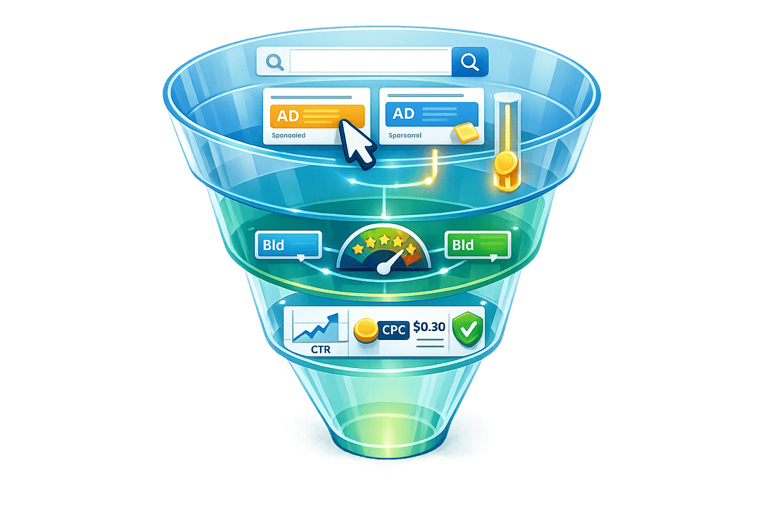 PPC advertising funnel graphic explaining search ads, campaign bidding, quality score, CTR, and CPC metrics.