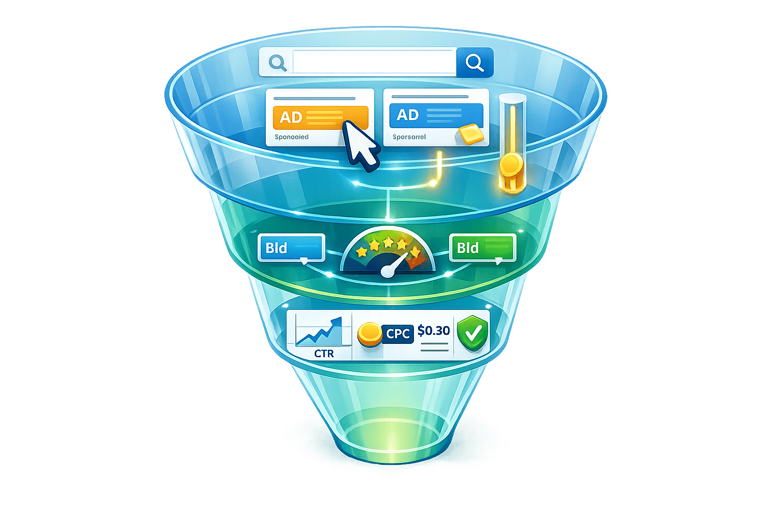 PPC advertising funnel graphic explaining search ads, campaign bidding, quality score, CTR, and CPC metrics.