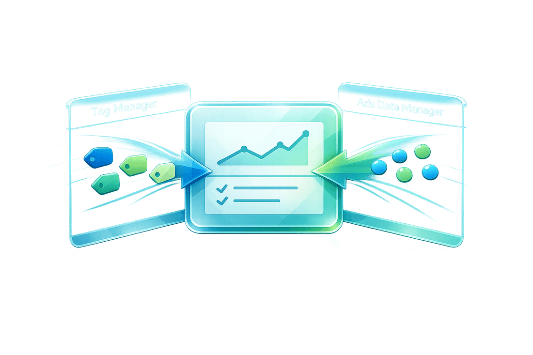 Google Ads data integration graphic showing Tag Manager and Ads Data Manager feeding a central performance graph.