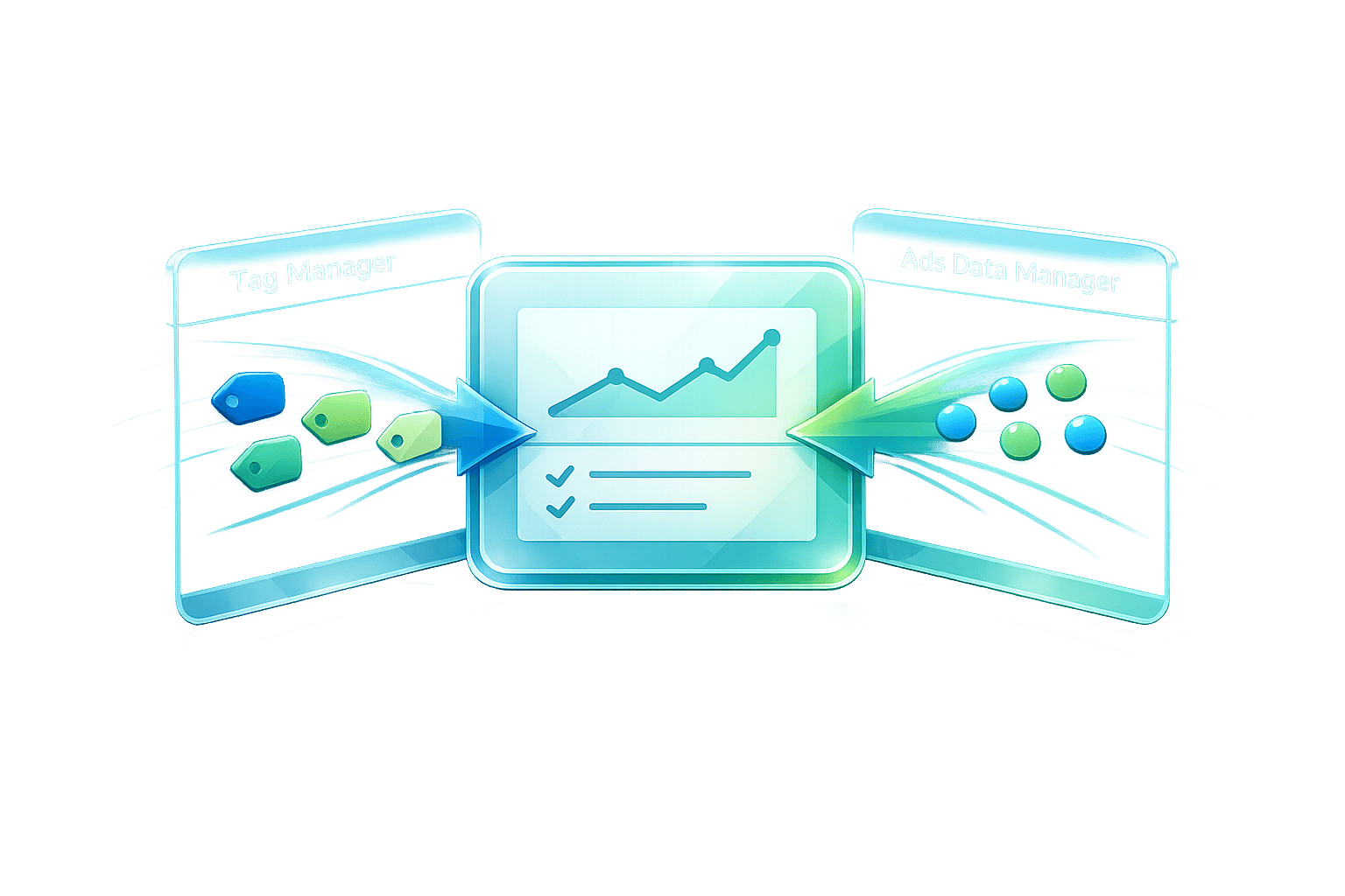Google Ads data integration graphic showing Tag Manager and Ads Data Manager feeding a central performance graph.