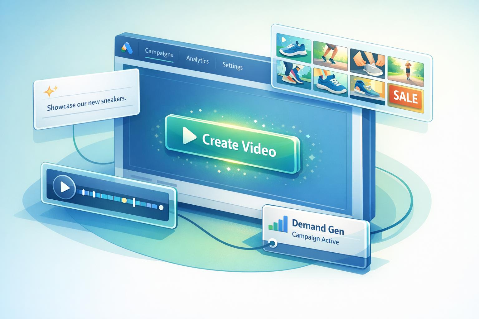 Google Ads AI-powered create video beta feature generating Demand Gen campaign ads from text prompts and images.