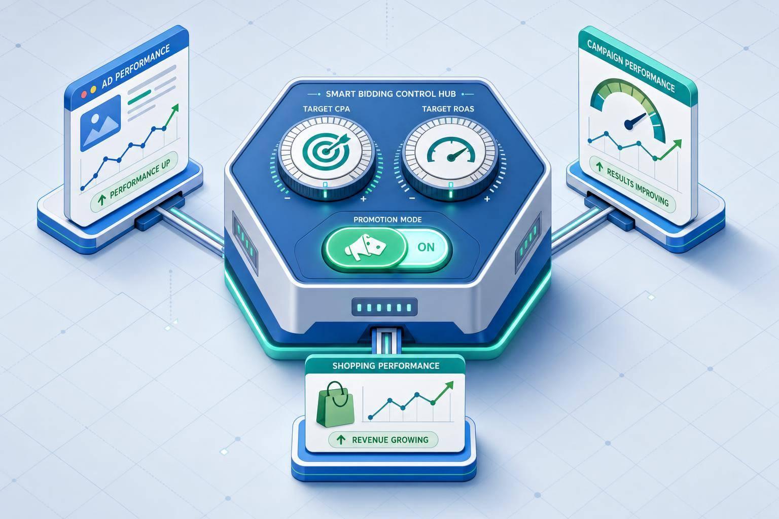 Illustration of Google Ads Smart Bidding changes, featuring a control hub with target CPA, target ROAS, and promotion mode toggles connected to improving ad performance, campaign results, and shopping revenue