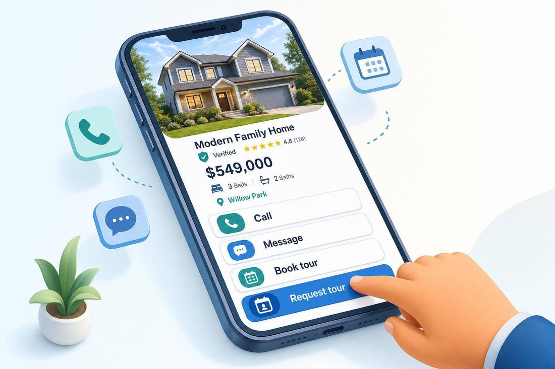 Illustration of Google Ads enhanced Local Services Ads for home listings, featuring a mobile property card with pricing, verified badge, and quick action buttons for calling, messaging, and booking a tour
