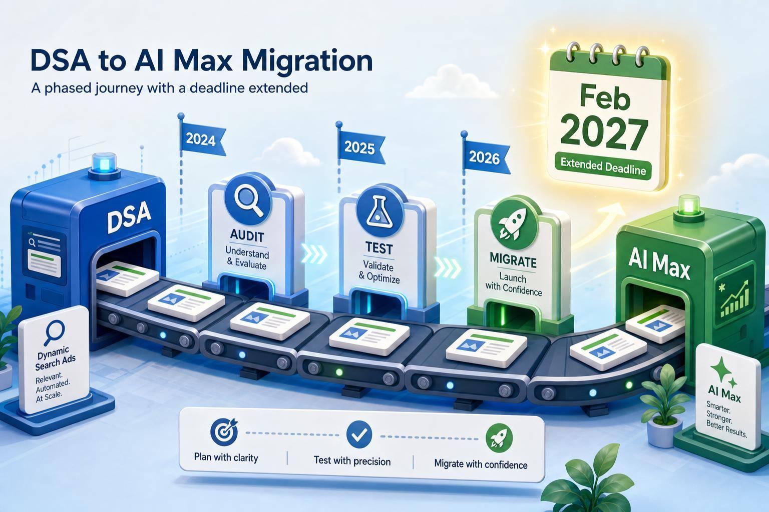Illustration of Google Ads extending the Dynamic Search Ads to AI Max migration to February 2027, featuring a phased conveyor timeline with audit, test, and migrate milestones from DSA to AI Max