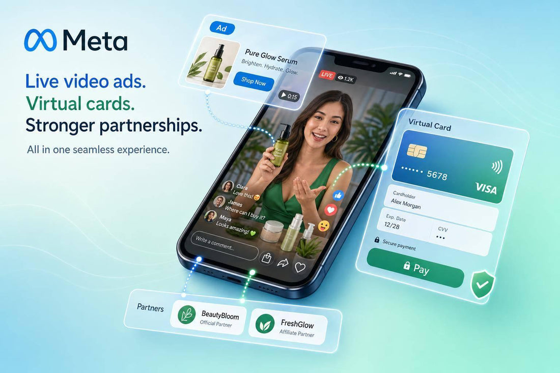 Illustration of Meta launching live video ads and virtual cards, featuring a creator hosting a live product demo on mobile with sponsored ad, secure virtual payment card, and partner brand integrations