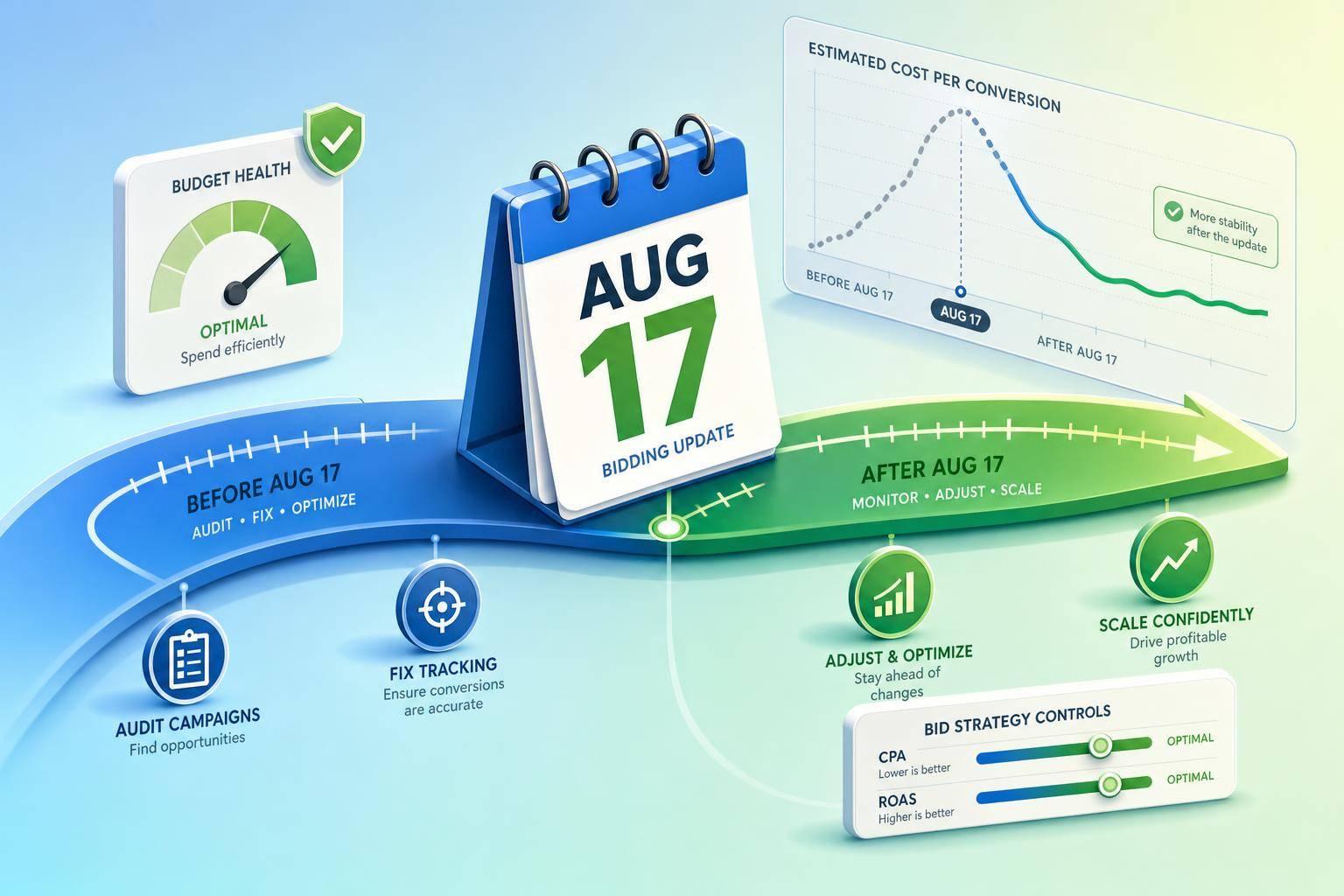 Illustration of the Google Ads bidding update on August 17 and advertiser actions, featuring a before-and-after timeline with audit tasks, budget health meter, cost per conversion chart, and bid strategy controls