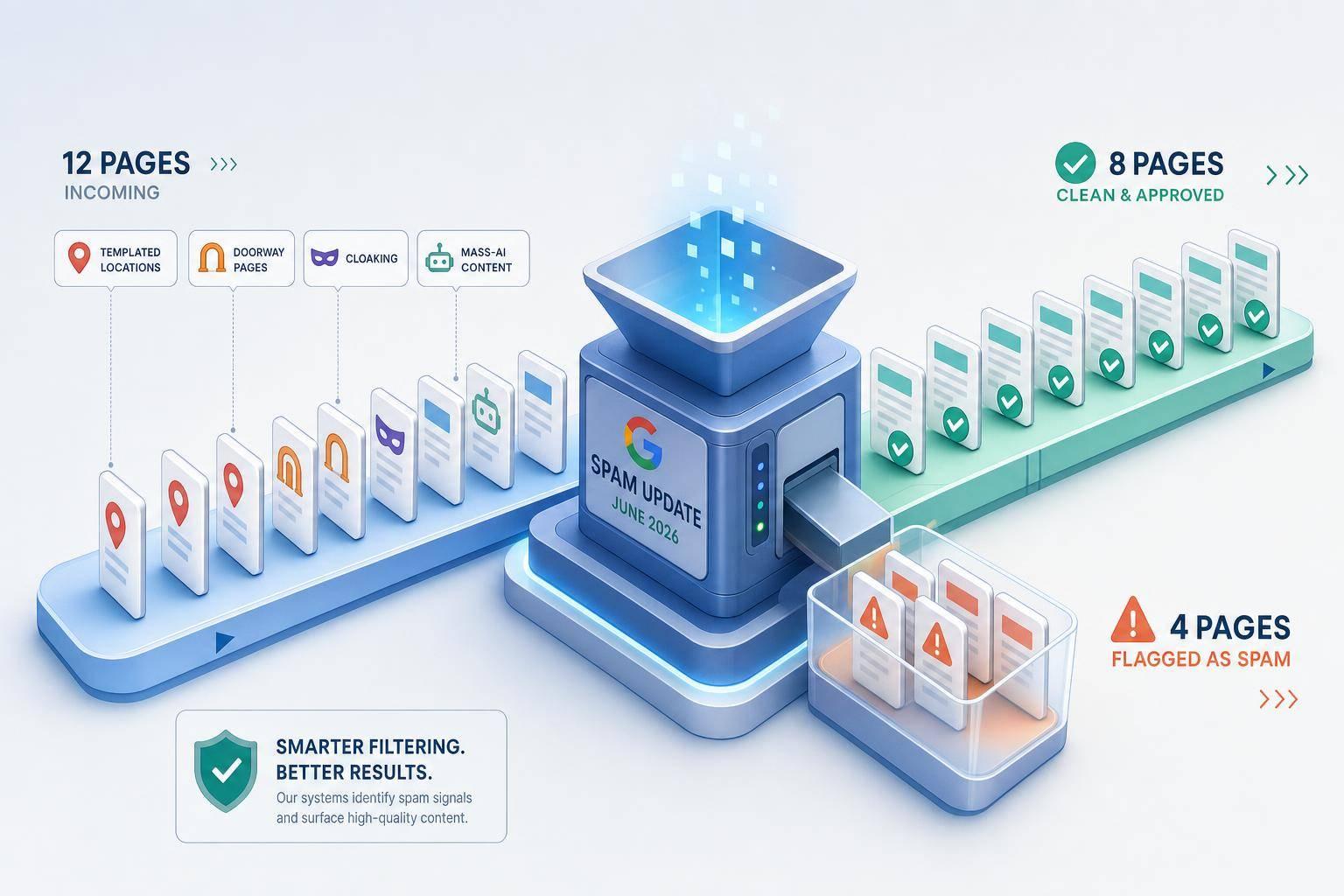 Illustration of the Google second spam update 2026 breakdown, featuring a filtering machine processing incoming pages by templated locations, doorway pages, cloaking, and mass AI content into approved and flagged results