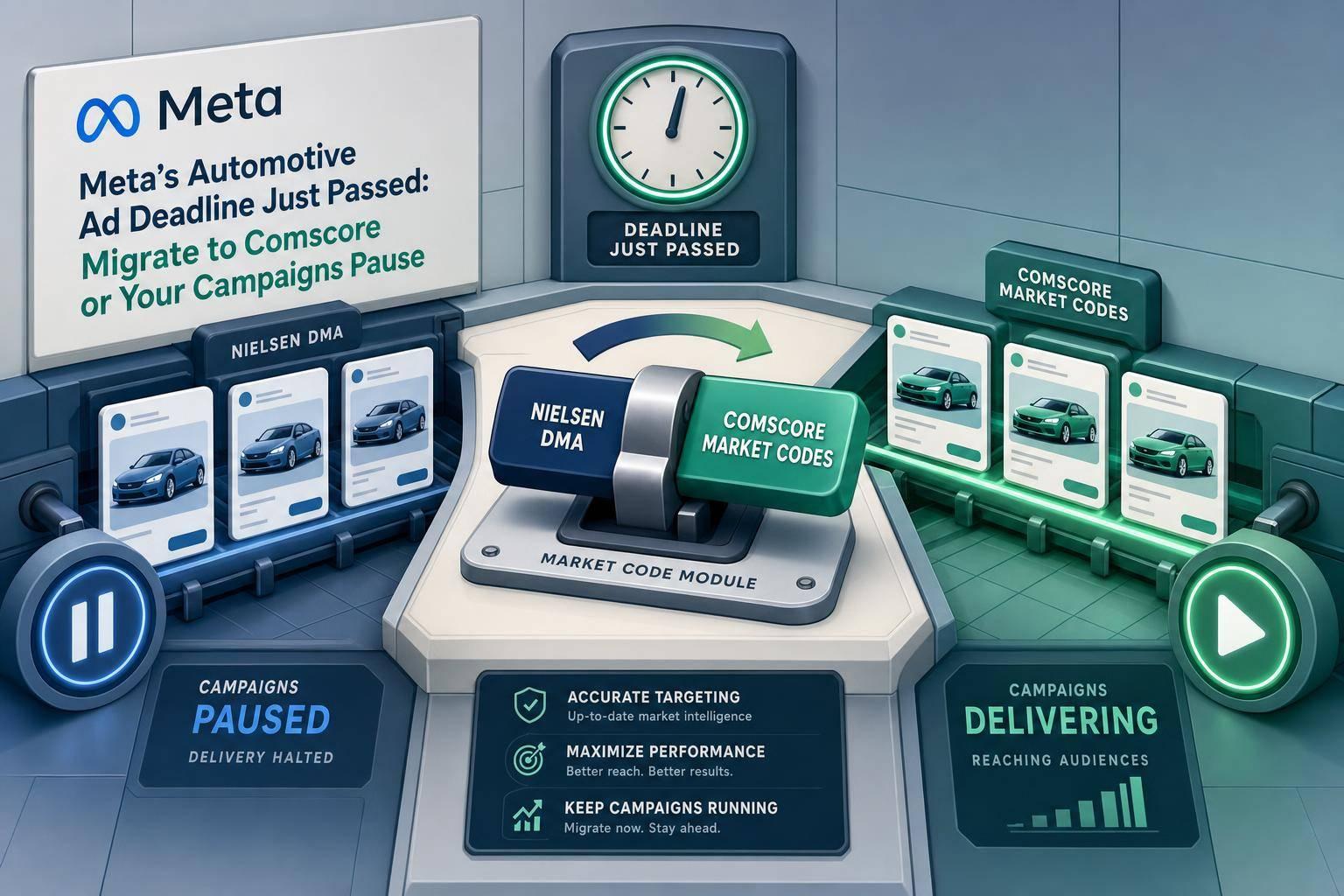 Illustration of Meta's automotive ad deadline for migrating from Nielsen DMA to Comscore market codes, featuring a switch module transitioning paused campaigns to delivering campaigns with car ad cards