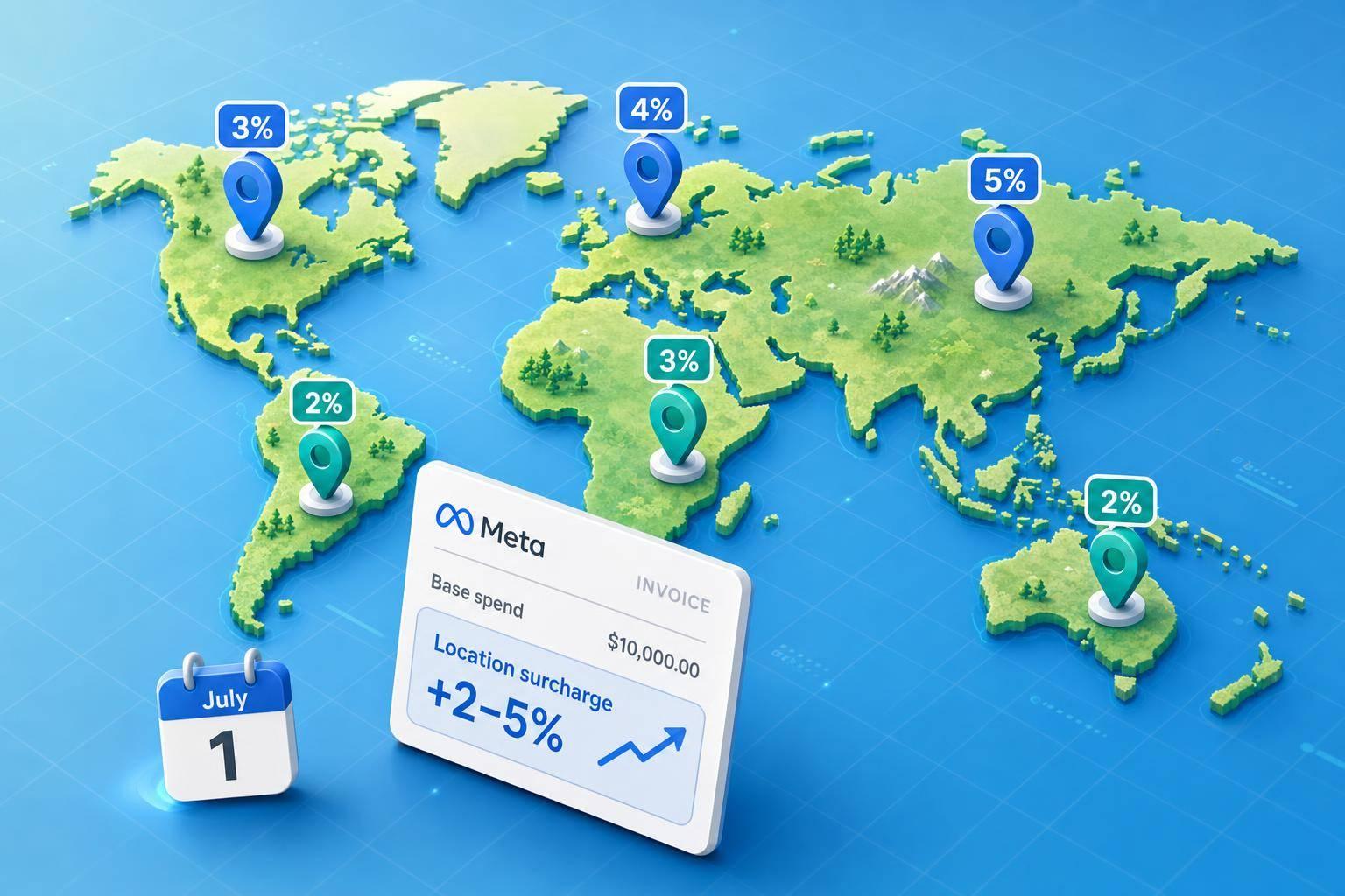 Illustration of Meta location-based ad fees starting July 1 with up to 5 percent surcharges across 6 markets, featuring a world map with regional percentage pins and an invoice showing base spend and location surcharge