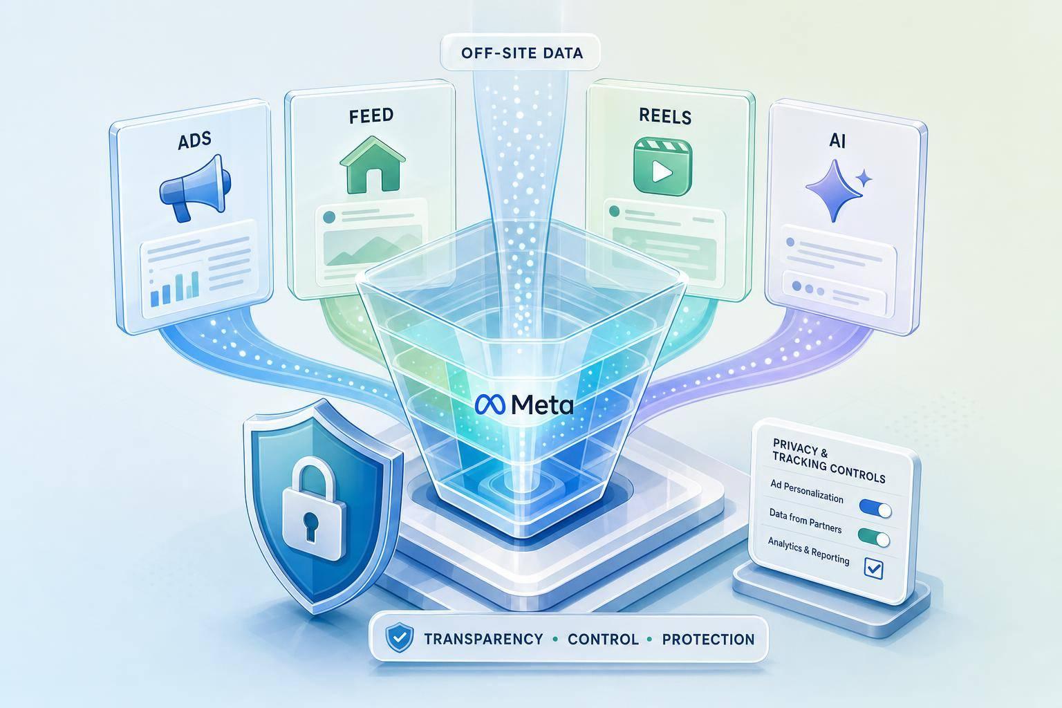 Illustration of Meta's June personalization change and its impact on advertisers and privacy, featuring off-site data flowing into a Meta funnel across ads, feed, Reels, and AI with privacy controls and tracking toggles
