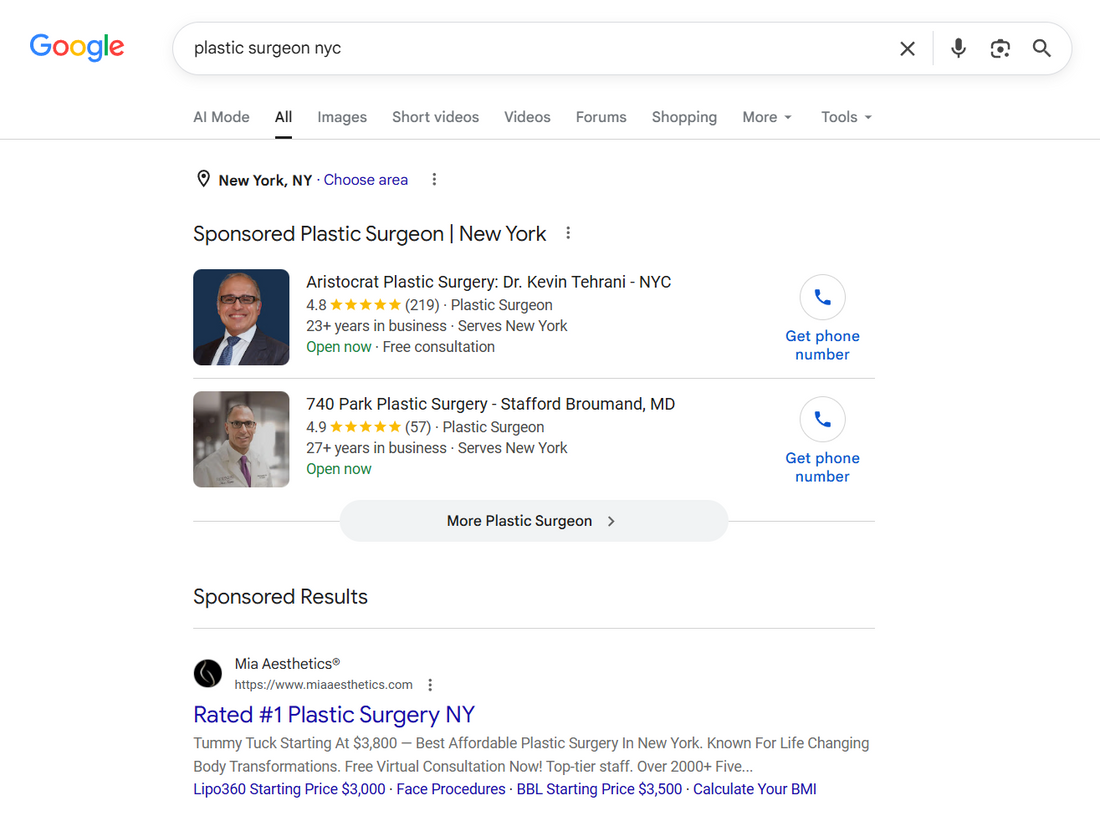 Plastic surgeon PPC advertising example showing a local services ad and a search ad on the Google results page