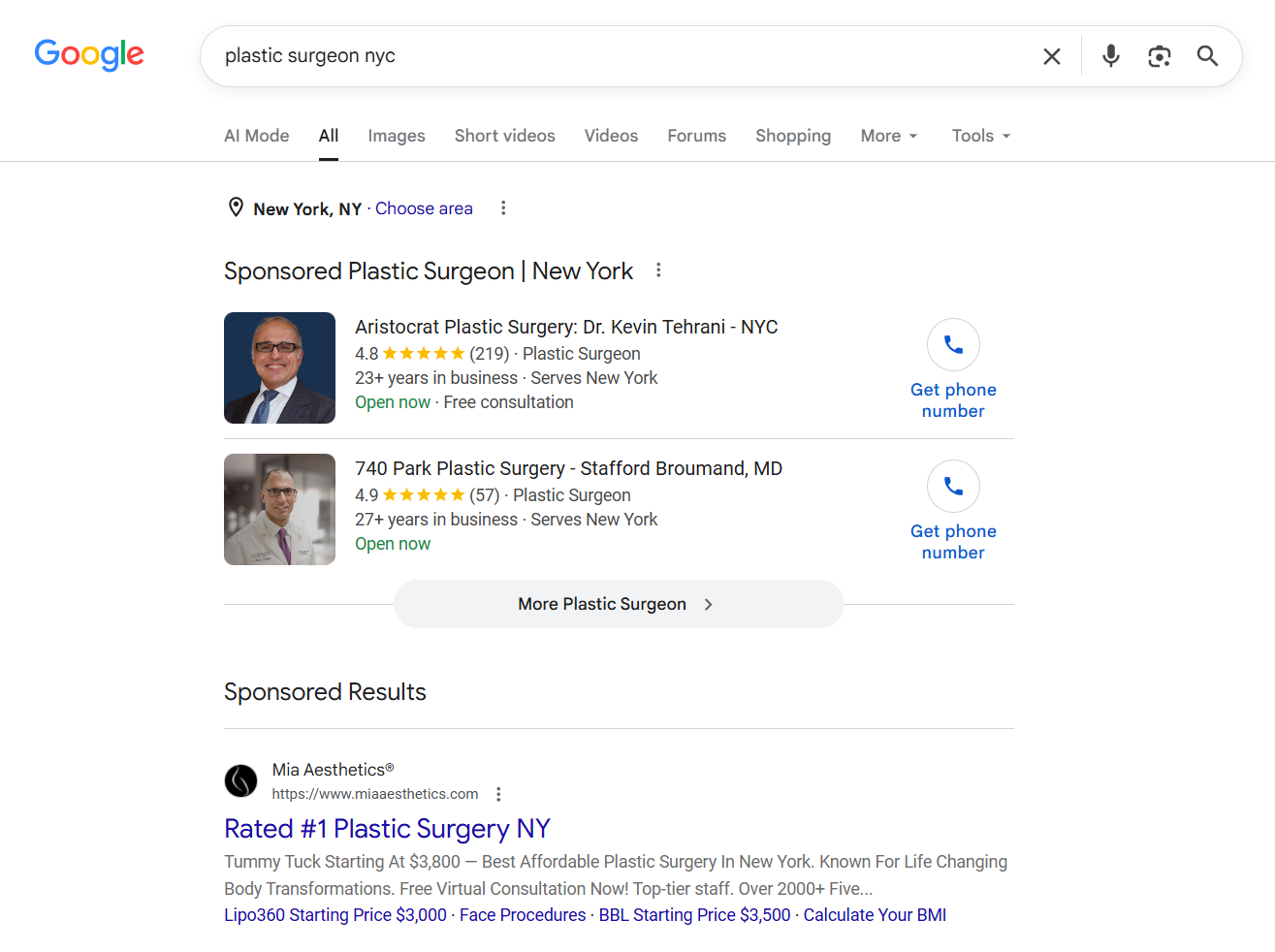 Plastic surgeon PPC advertising example showing a local services ad and a search ad on the Google results page