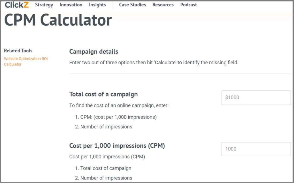clickz cpm calculator tool helps with link building by generating backlinks to their tool webpage