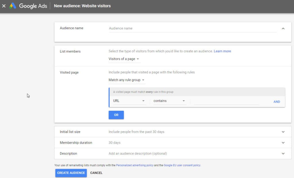 new google ads website visitors audience