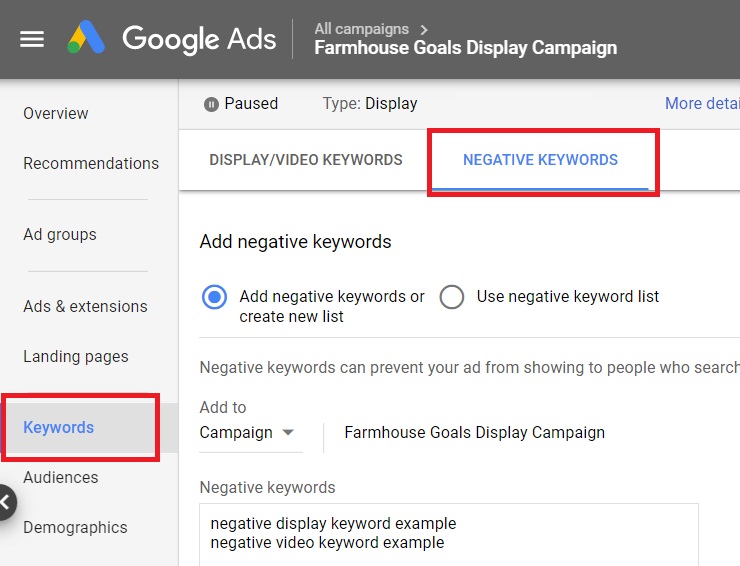 Google Ads Display Negative Keywords