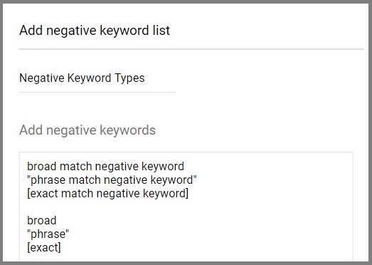 tipos de correspondência de palavras-chave negativas Google ads