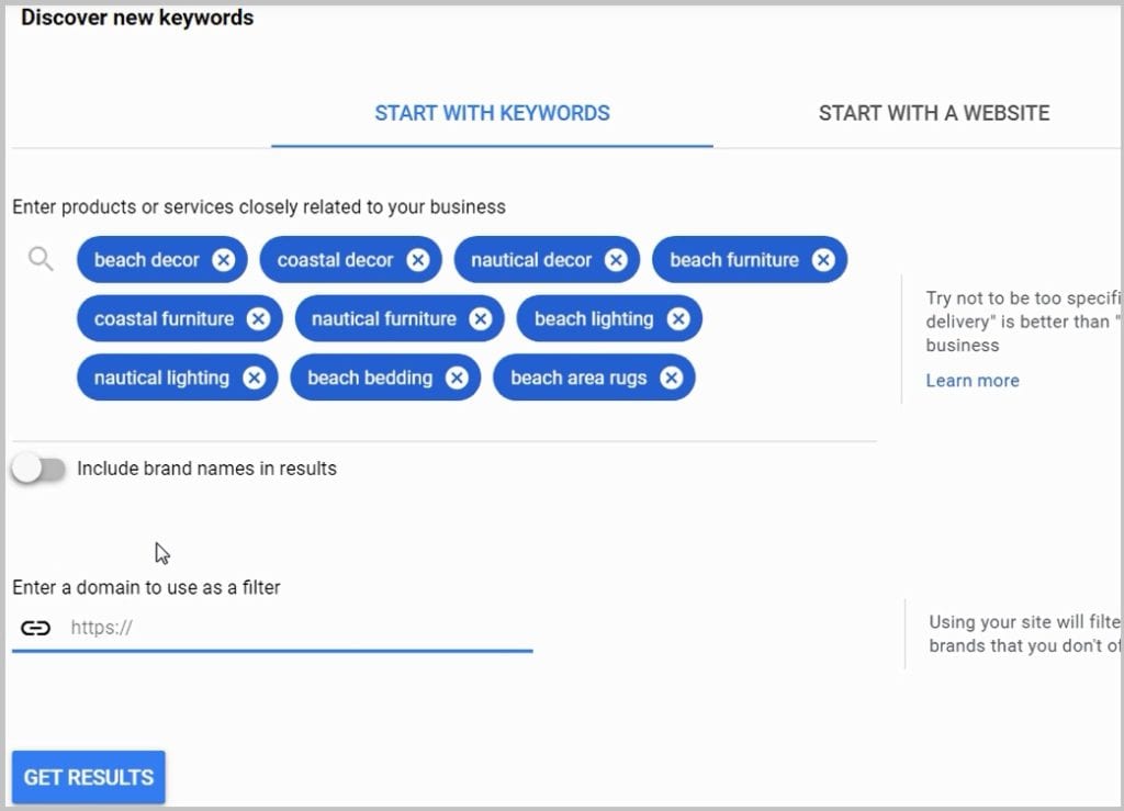 start with keywords keyword planner