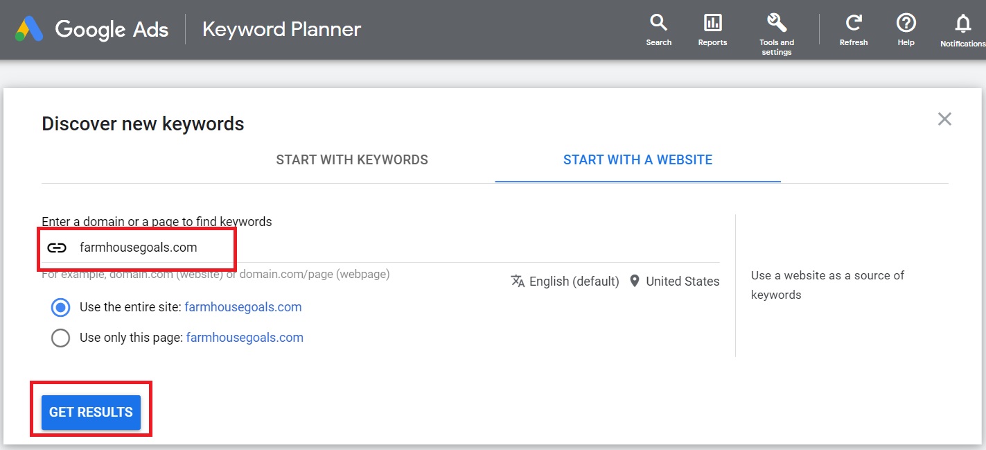start with a website google keyword planner