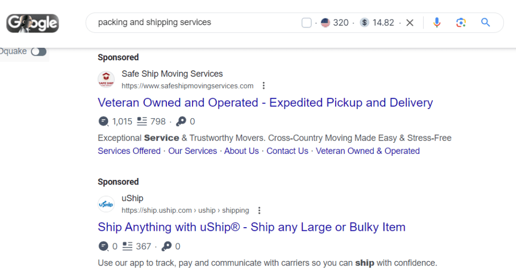 google ads auction showing eligible ads for a specific search