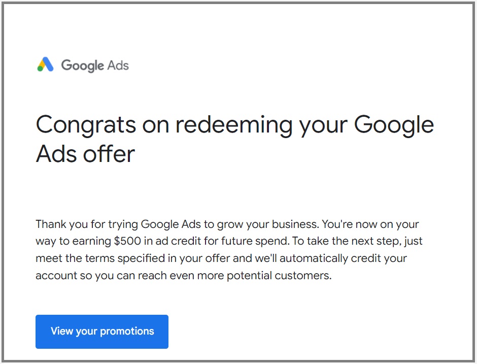 email confirming google ads promo code