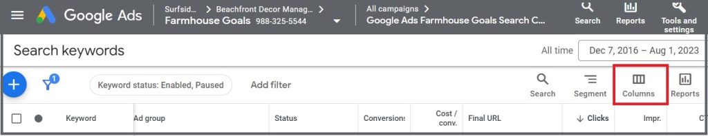 google ads columns to find quality score