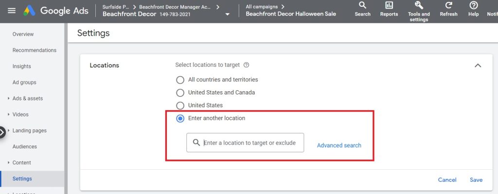 google ads geo targeting to add locations