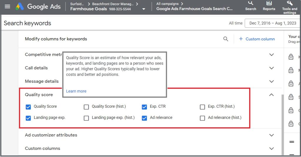 google ads quality score columns expected ctr ad relevance landing page experience