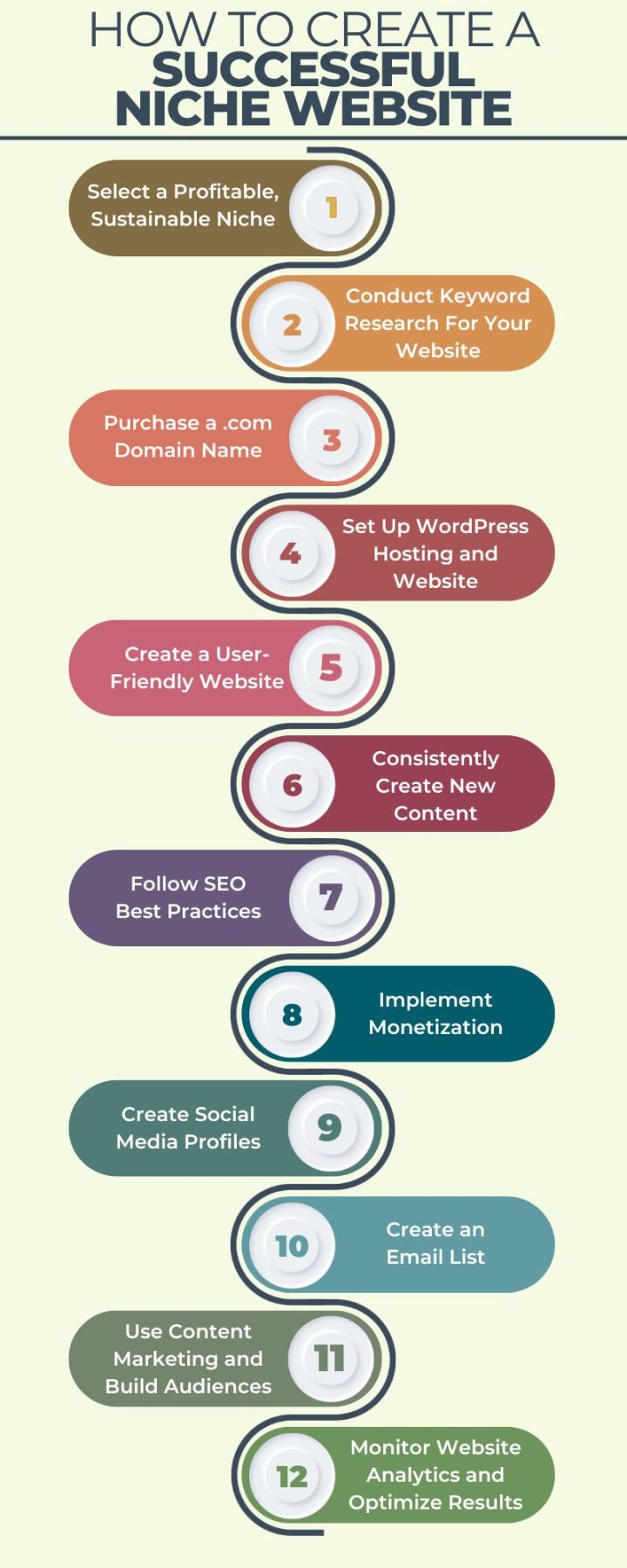 how to create a niche website in 12 steps infographic
