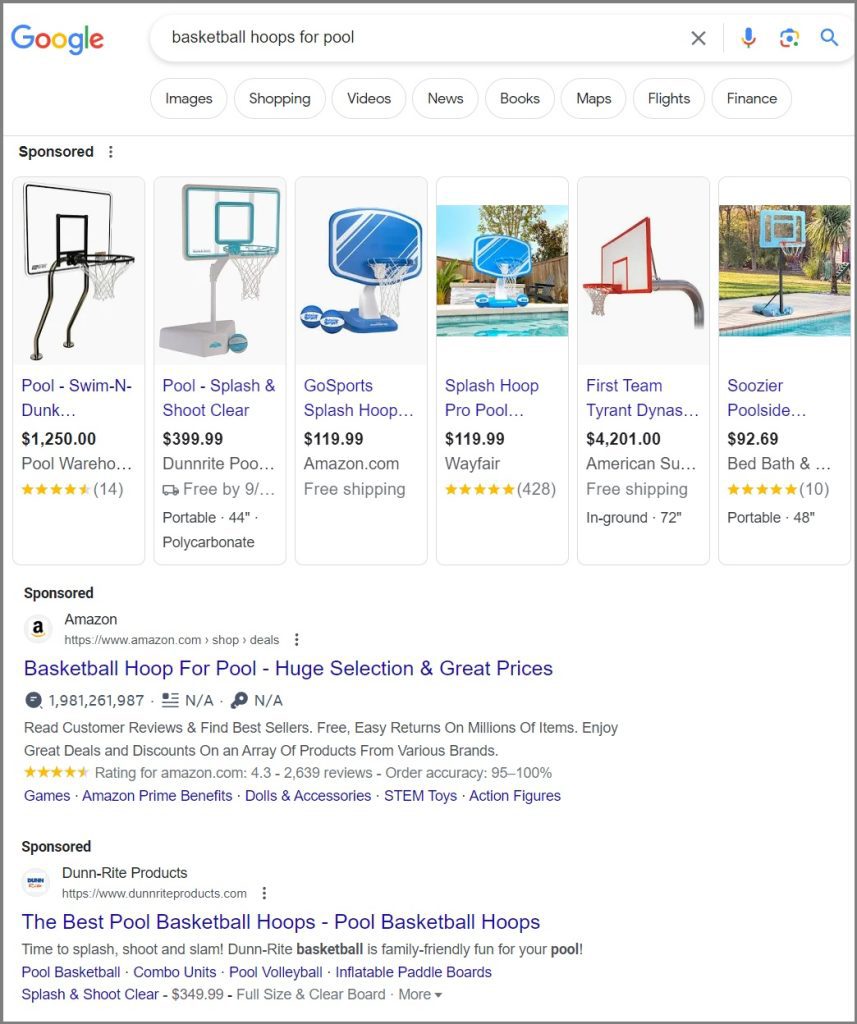 search engine marketing example showing google shopping ads and google search engine marketing ads