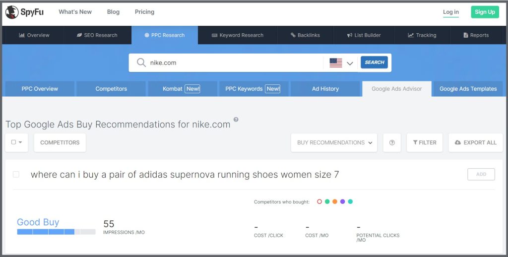 Google Ads Advisor on SpyFu gives buy recommendations