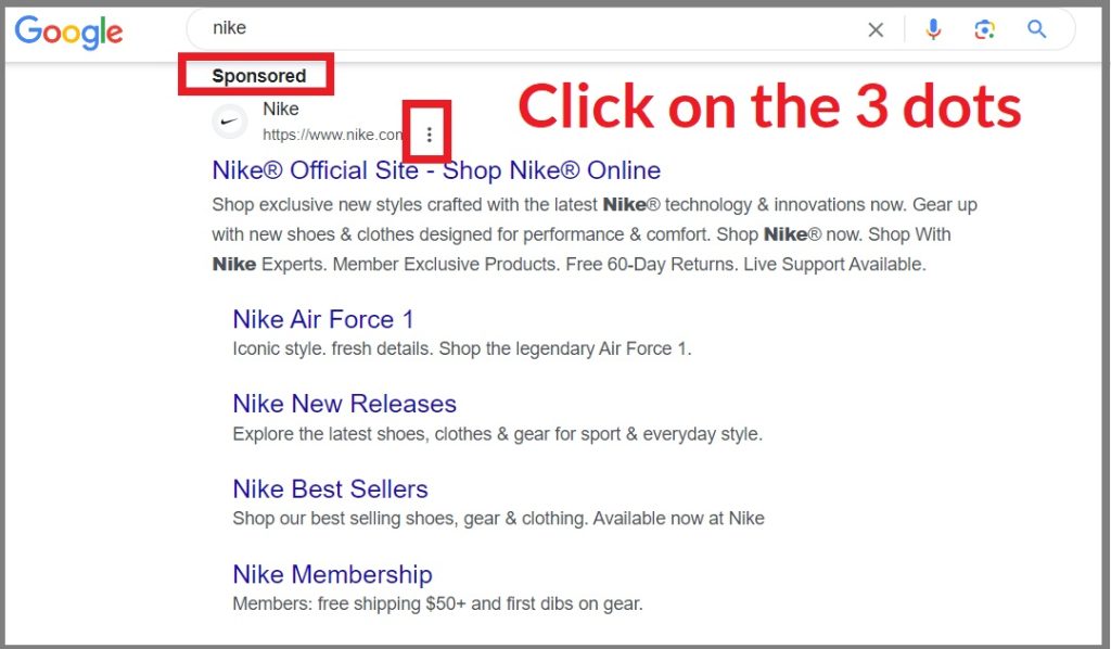 find competitors ads in search results and click on the 3 dots next to their url