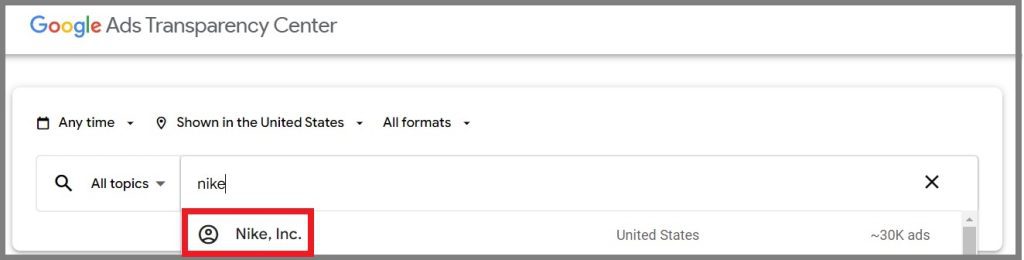 go to the google ads transparency center and enter an advertiser to see their ads