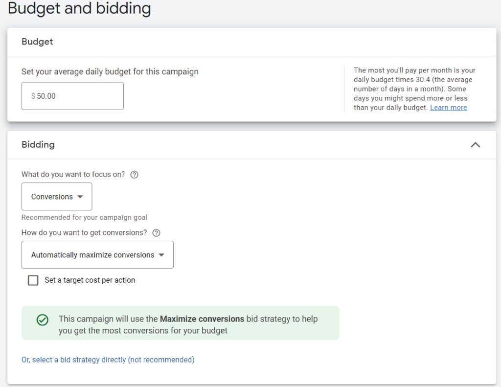 select your budget and bidding strategy for google display network ads