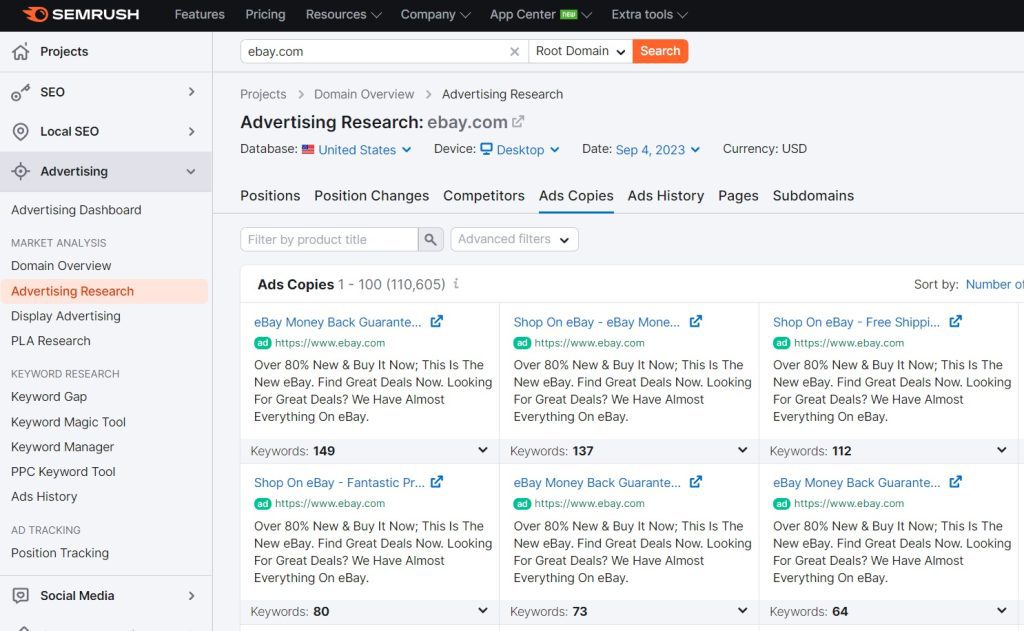 use semrush to see your competitors ads