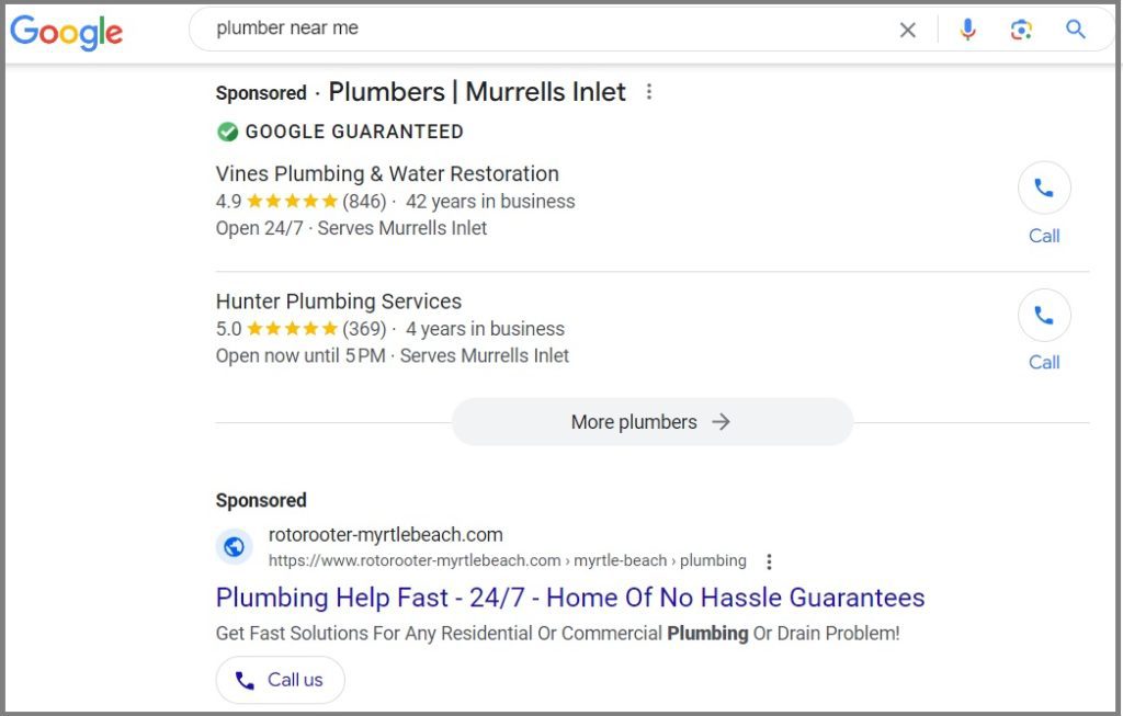 Examples of plumbing ads on Google