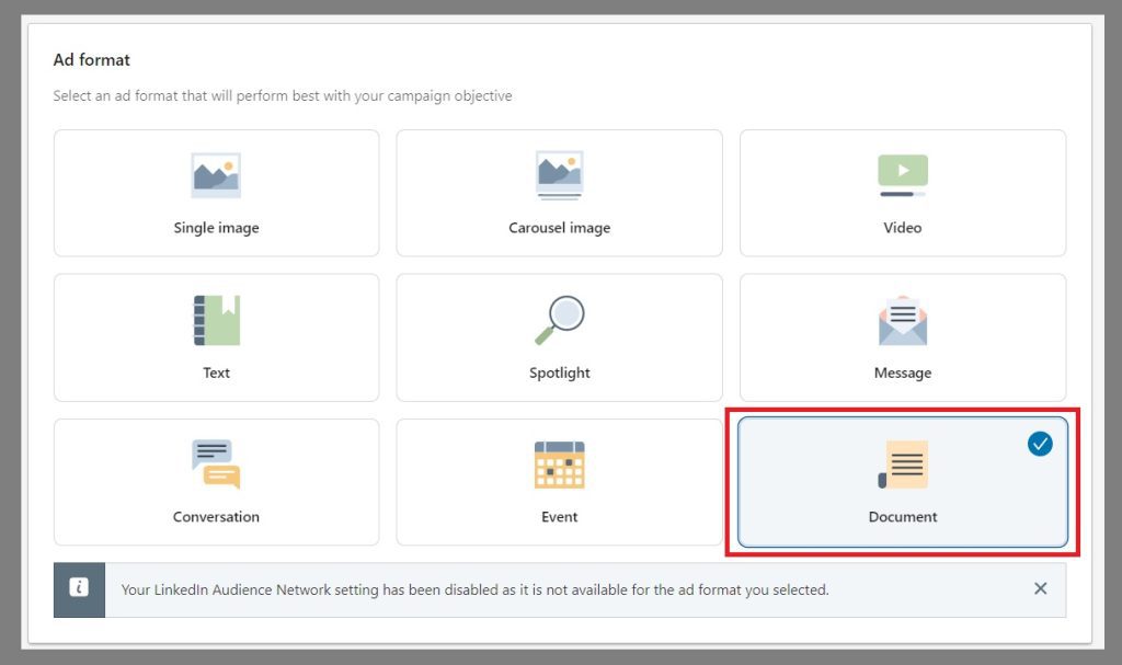 choose document for your linkedin ads campaign ad format