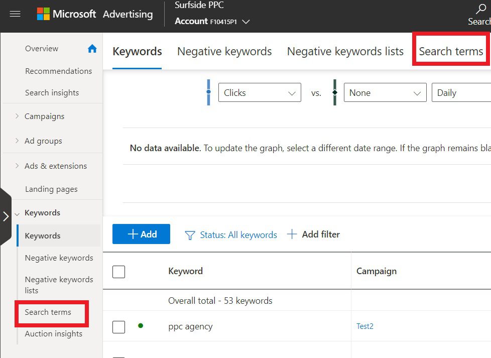 How to find the search terms report in Microsoft Advertising
