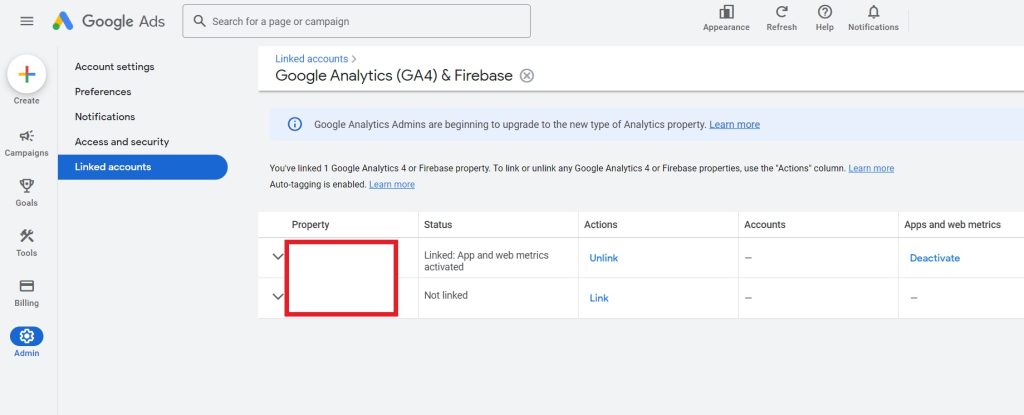 Make sure your Google Analytics 4 account is linked to your Google Ads account