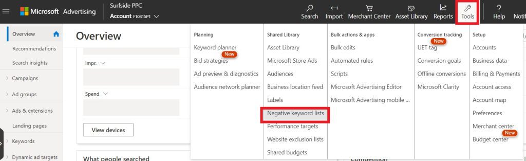 Negative keyword lists in Microsoft Advertising