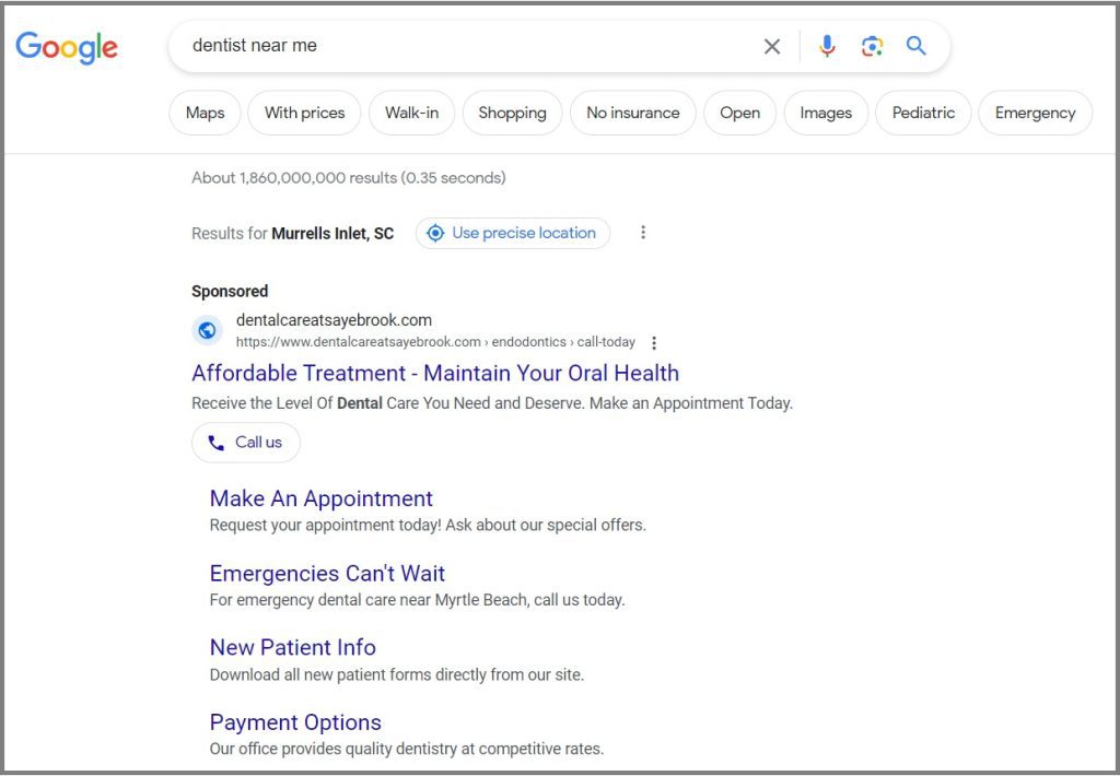 google ads dentist example of a search ad when I look for a dentist near me