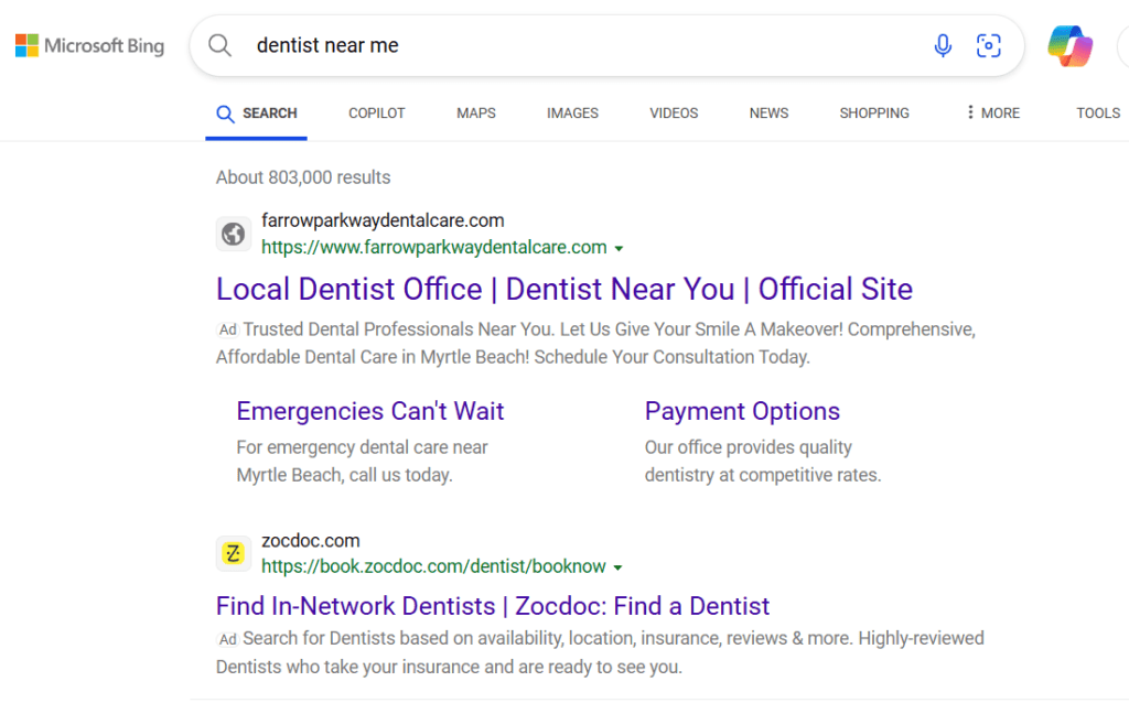 dental ppc ads on microsoft bing ads