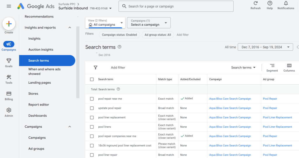 example of a google ads search terms report and where to find the report