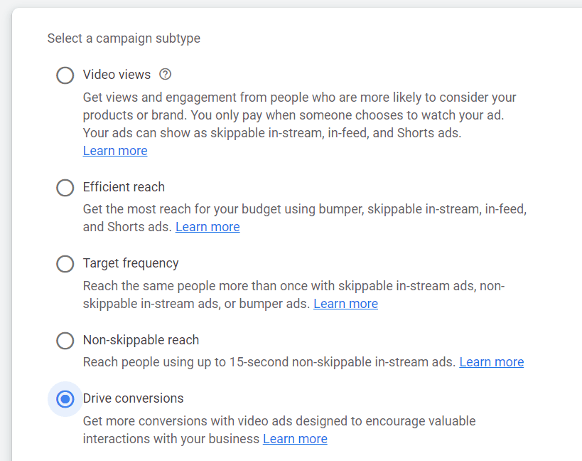 google ads campaign subtype for youtube video advertising campaigns