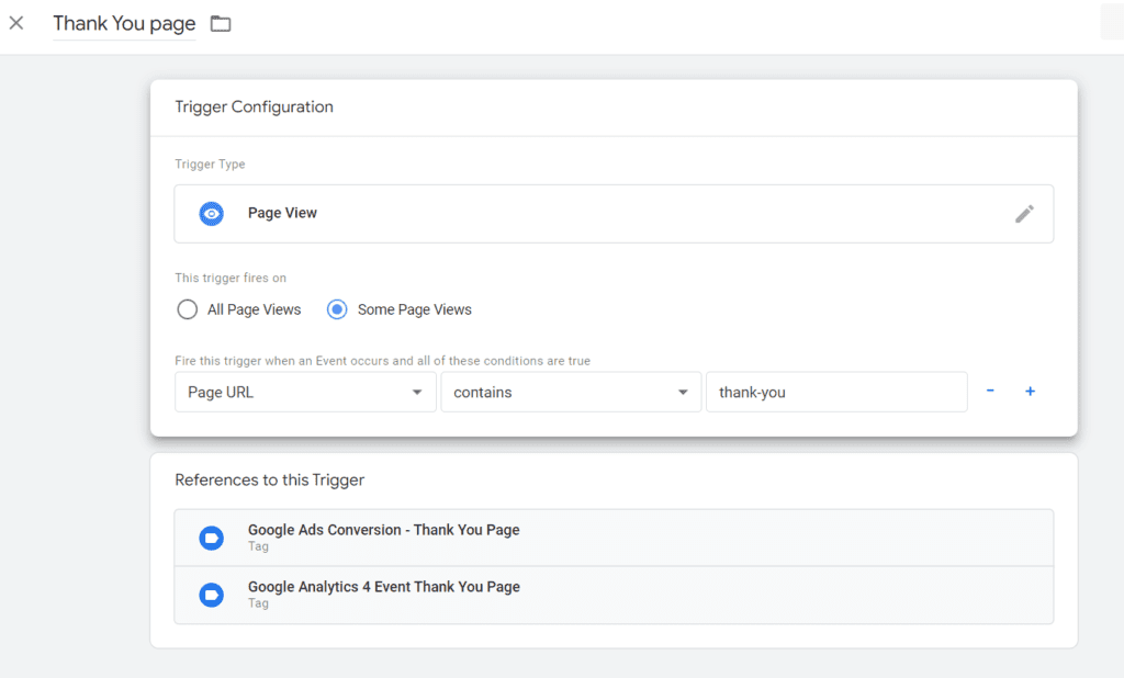 setting up google tag manager trigger for thank you page view